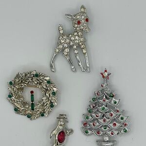 Vintage Christmas Brooches Lot Of 4 Tree Deer Wreath Penguin